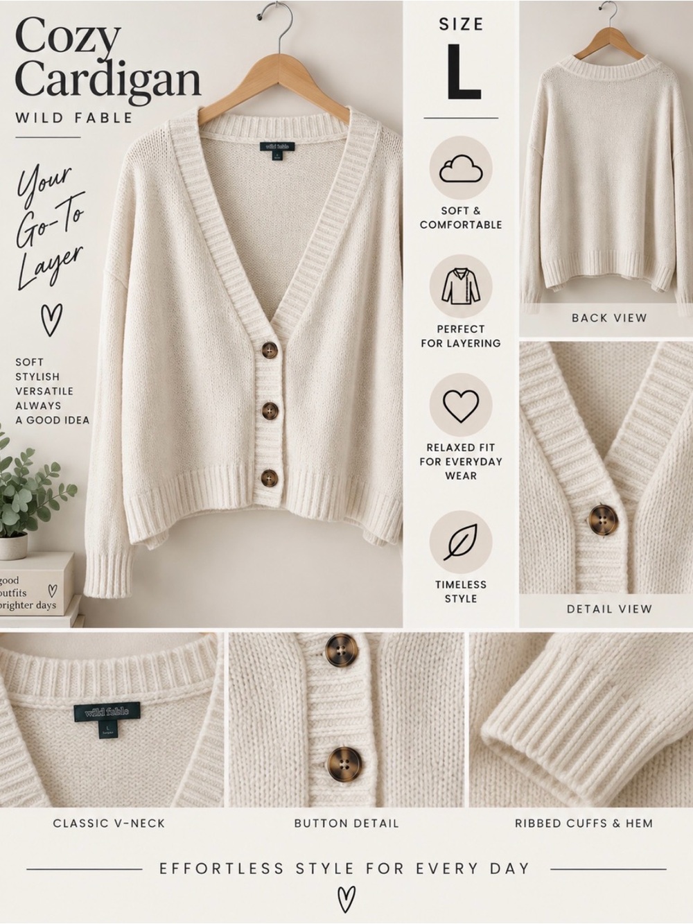 wild fable Cream Cropped V-Neck Button Cardigan